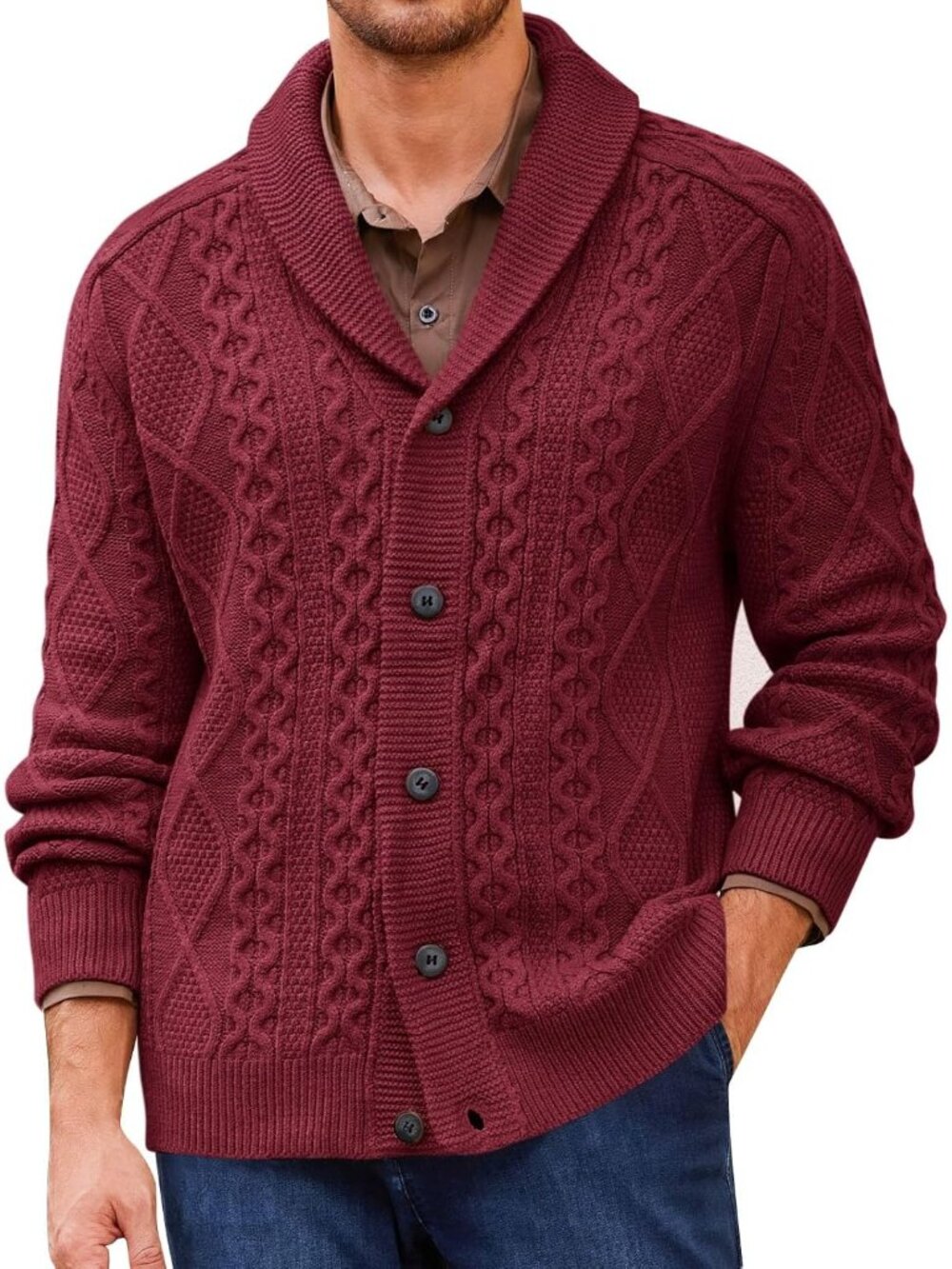 🆕Men's Wine Red Chunky Knit Cardigan Sweater Shawl Collar Button Up Outerwear